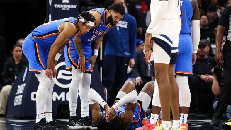 Oct 19, 2022; Minneapolis, Minnesota, USA; Oklahoma City Thunder forward Jalen Williams (8) lays on the court after being injured in the second quarter against the Minnesota Timberwolves at Target Center. Mandatory Credit: Matt Krohn-USA TODAY Sports