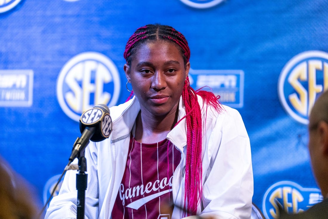 Oct 18, 2022; Mountain Brook, Alabama, US; South Caroline Gamecocks forward Aliyah Boston speaks to the media at the SEC Media days. Mandatory Credit: Marvin Gentry-USA TODAY Sports