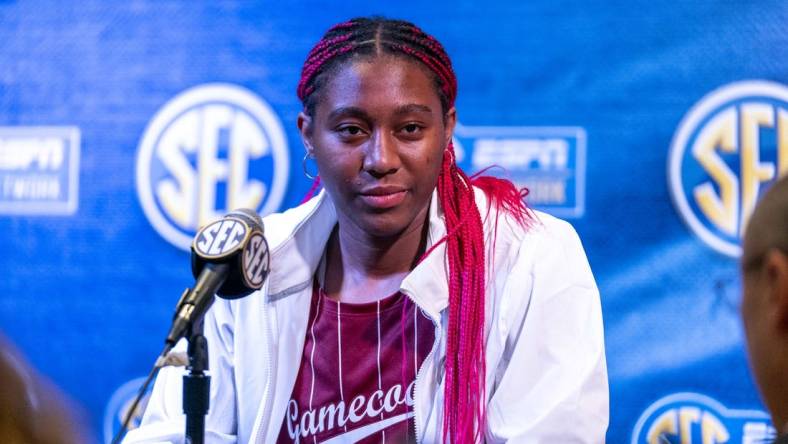 Oct 18, 2022; Mountain Brook, Alabama, US; South Caroline Gamecocks forward Aliyah Boston speaks to the media at the SEC Media days. Mandatory Credit: Marvin Gentry-USA TODAY Sports