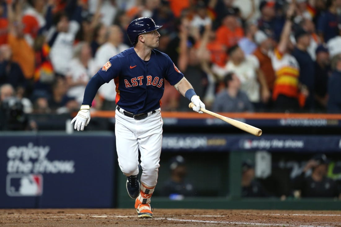 Oct 20, 2022; Houston, Texas, USA; Houston Astros third baseman Alex Bregman (2) watches his three-run home run against the New York Yankees during the third inning in game two of the ALCS for the 2022 MLB Playoffs at Minute Maid Park. Mandatory Credit: Thomas Shea-USA TODAY Sports