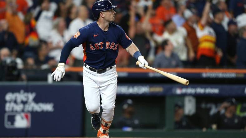 Oct 20, 2022; Houston, Texas, USA; Houston Astros third baseman Alex Bregman (2) watches his three-run home run against the New York Yankees during the third inning in game two of the ALCS for the 2022 MLB Playoffs at Minute Maid Park. Mandatory Credit: Thomas Shea-USA TODAY Sports