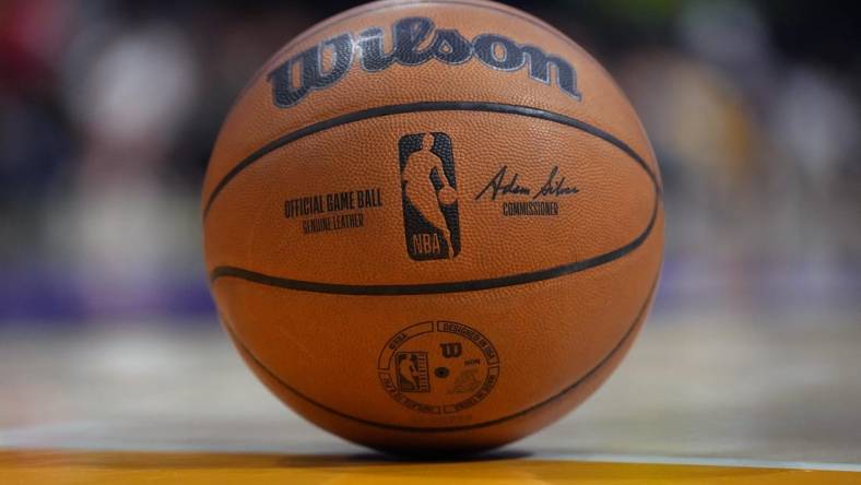 Oct 20, 2022; Los Angeles, California, USA;  Detailed view of a NBA Wilson official game ball on the court at the Crypto.com Arena. Mandatory Credit: Kirby Lee-USA TODAY Sports