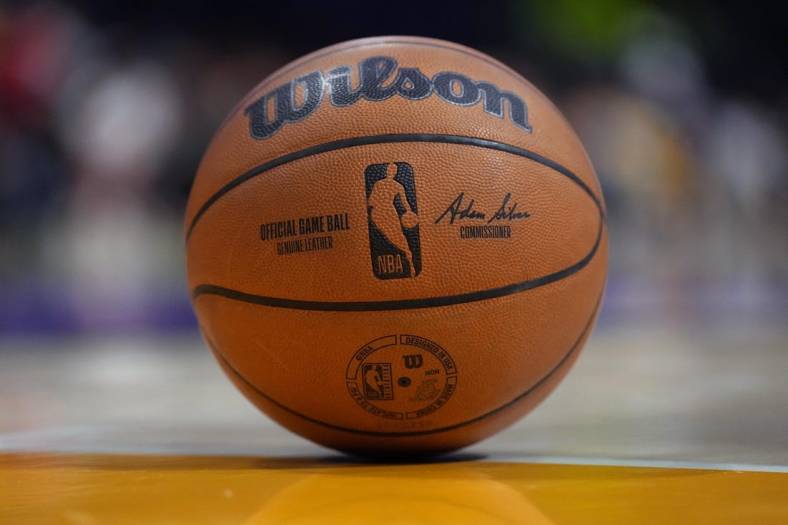 Oct 20, 2022; Los Angeles, California, USA;  Detailed view of a NBA Wilson official game ball on the court at the Crypto.com Arena. Mandatory Credit: Kirby Lee-USA TODAY Sports