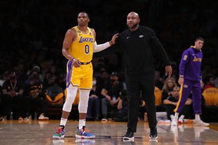Oct 20, 2022; Los Angeles, California, USA; Los Angeles Lakers guard Russell Westbrook (0) and coach Darvin Ham react in the first half against the LA Clippers at Crypto.com Arena. Mandatory Credit: Kirby Lee-USA TODAY Sports