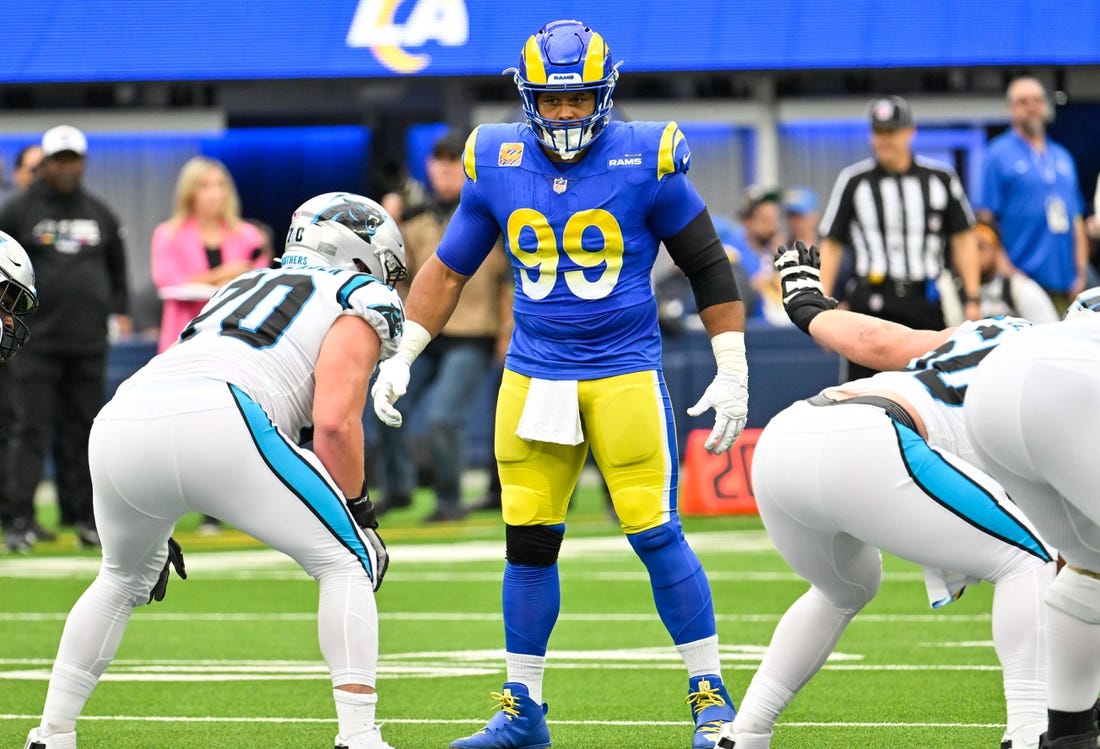 Oct 16, 2022; Inglewood, California, USA; Los Angeles Rams defensive tackle Aaron Donald (99) during an NFL game against the Carolina Panthers at SoFi Stadium. Mandatory Credit: Robert Hanashiro-USA TODAY Sports