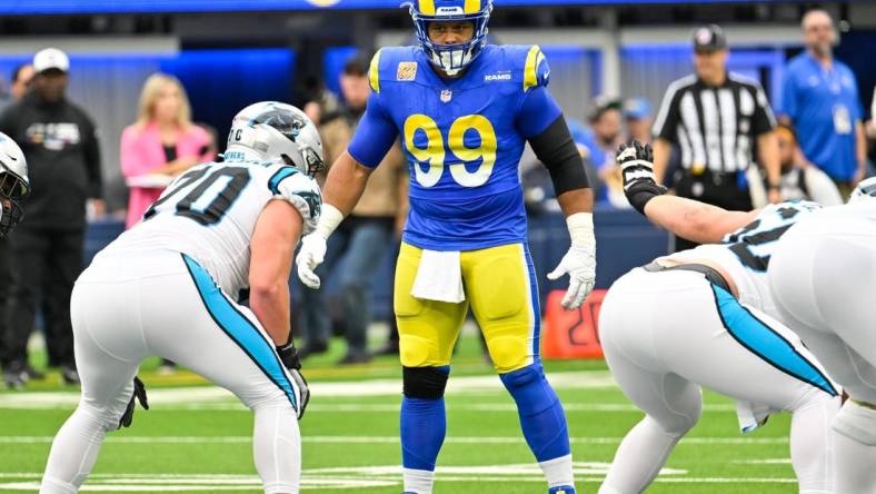 Oct 16, 2022; Inglewood, California, USA; Los Angeles Rams defensive tackle Aaron Donald (99) during an NFL game against the Carolina Panthers at SoFi Stadium. Mandatory Credit: Robert Hanashiro-USA TODAY Sports