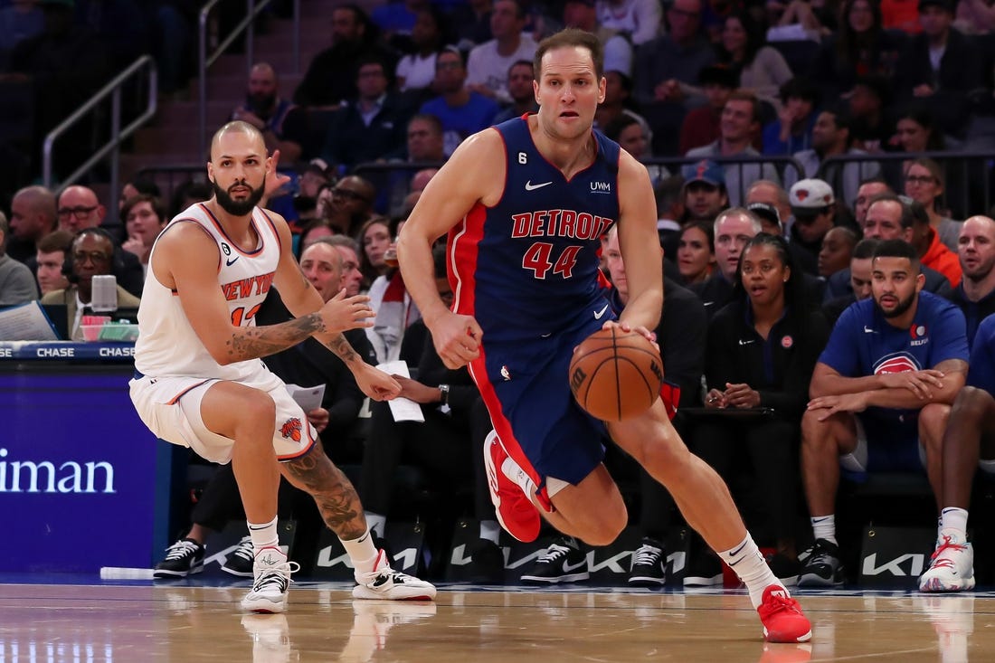 Oct 21, 2022; New York, New York, USA; Detroit Pistons forward Bojan Bogdanovic (44) moves the ball past New York Knicks guard Evan Fournier (13) during the second quarter at Madison Square Garden. Mandatory Credit: Tom Horak-USA TODAY Sports