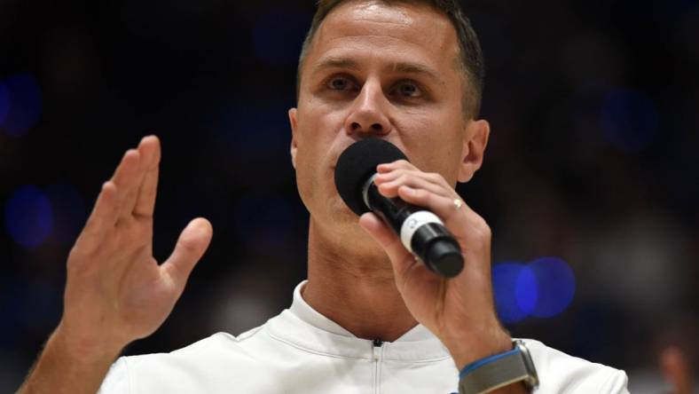 Oct 21, 2022; Durham, North Carolina, US;Duke Blue Devils head coach Jon Scheyer during Countdown to Craziness at Cameron Indoor Stadium. Mandatory Credit: Rob Kinnan-USA TODAY Sports