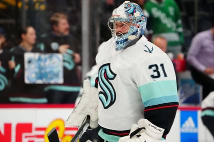 Oct 21, 2022; Denver, Colorado, USA; Seattle Kraken goaltender Philipp Grubauer (31) before the game against the Colorado Avalanche at Ball Arena. Mandatory Credit: Ron Chenoy-USA TODAY Sports