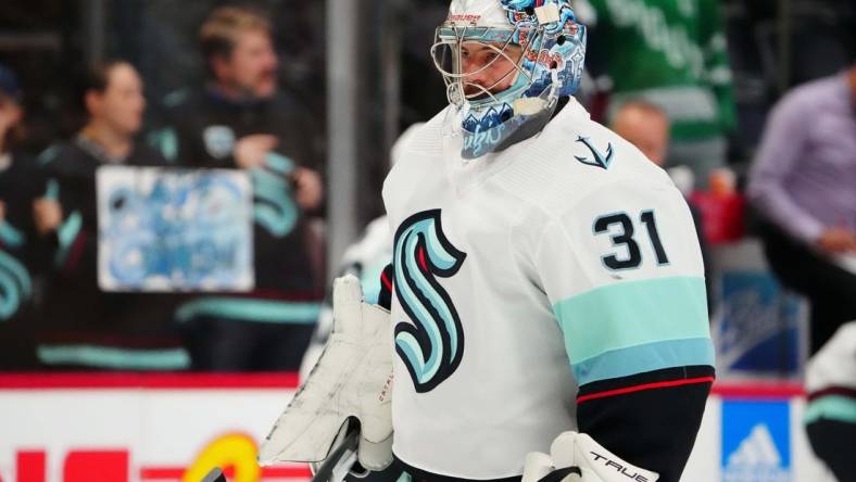 Oct 21, 2022; Denver, Colorado, USA; Seattle Kraken goaltender Philipp Grubauer (31) before the game against the Colorado Avalanche at Ball Arena. Mandatory Credit: Ron Chenoy-USA TODAY Sports