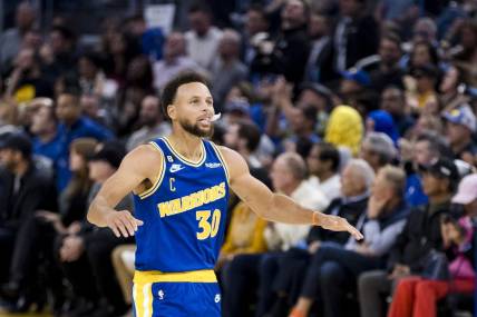 Oct 21, 2022; San Francisco, California, USA; Golden State Warriors guard Stephen Curry (30) reacts after missing a shot against the Denver Nuggets during the first half at Chase Center. Mandatory Credit: John Hefti-USA TODAY Sports
