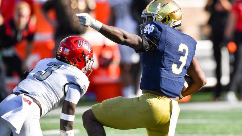 Oct 22, 2022; South Bend, Indiana, USA; Notre Dame Fighting Irish running back Logan Diggs (3) gestures after a first down in the second quarter against the UNLV Rebels at Notre Dame Stadium. Mandatory Credit: Matt Cashore-USA TODAY Sports