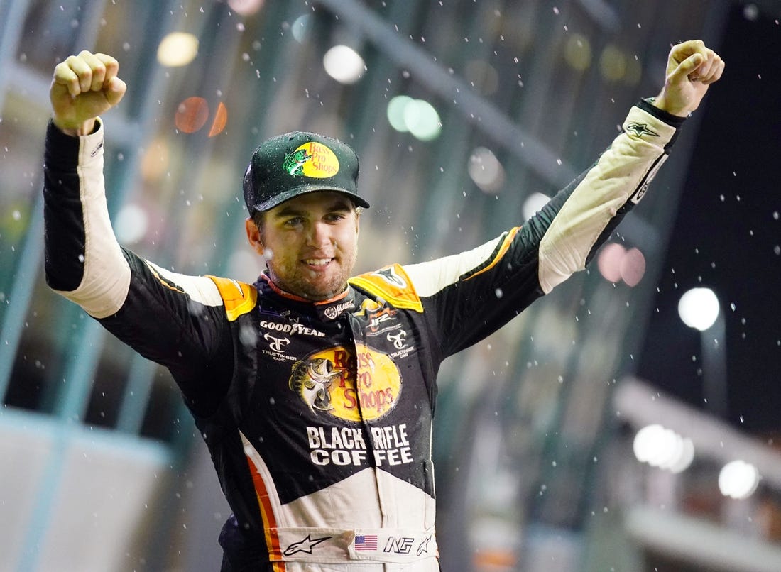 Oct 22, 2022; Homestead, Florida, USA; Xfinity Series driver Noah Gragson (9) celebrates winning the Contender Boats 300 at Homestead-Miami Speedway. Mandatory Credit: John David Mercer-USA TODAY Sports