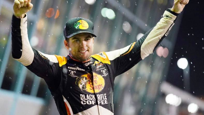 Oct 22, 2022; Homestead, Florida, USA; Xfinity Series driver Noah Gragson (9) celebrates winning the Contender Boats 300 at Homestead-Miami Speedway. Mandatory Credit: John David Mercer-USA TODAY Sports