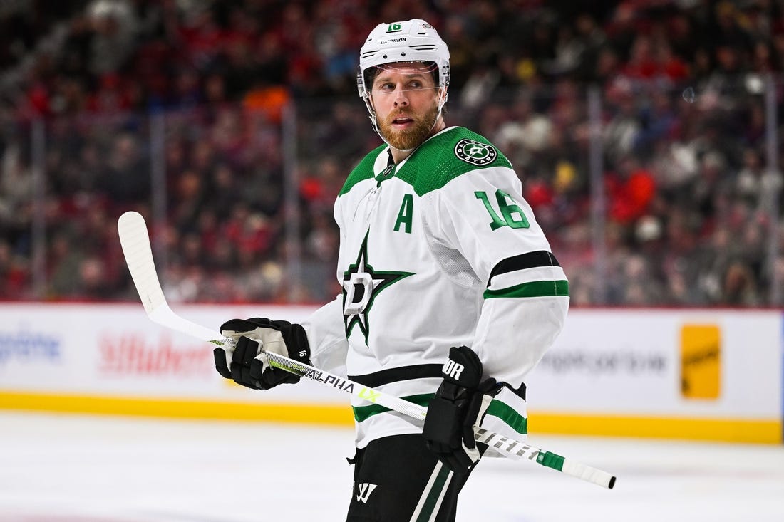 Oct 22, 2022; Montreal, Quebec, CAN; Dallas Stars center Joe Pavelski (16) looks on during the second period against the Montreal Canadiens at Bell Centre. Mandatory Credit: David Kirouac-USA TODAY Sports