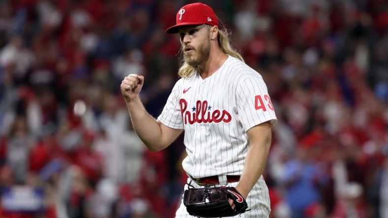 Oct 22, 2022; Philadelphia, Pennsylvania, USA; Philadelphia Phillies starting pitcher Noah Syndergaard (43) reacts after getting the third out in the sixth inning during game four of the NLCS against the San Diego Padres for the 2022 MLB Playoffs at Citizens Bank Park. Mandatory Credit: Bill Streicher-USA TODAY Sports