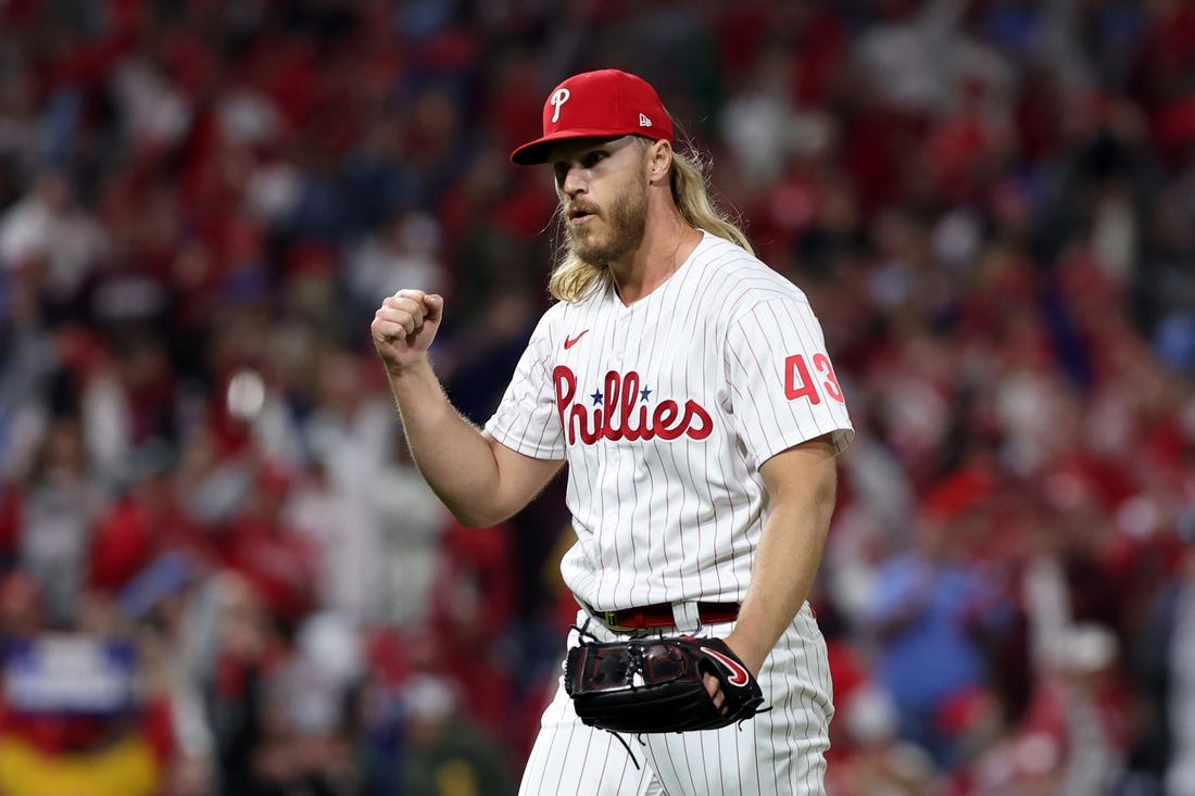 Oct 22, 2022; Philadelphia, Pennsylvania, USA; Philadelphia Phillies starting pitcher Noah Syndergaard (43) reacts after getting the third out in the sixth inning during game four of the NLCS against the San Diego Padres for the 2022 MLB Playoffs at Citizens Bank Park. Mandatory Credit: Bill Streicher-USA TODAY Sports