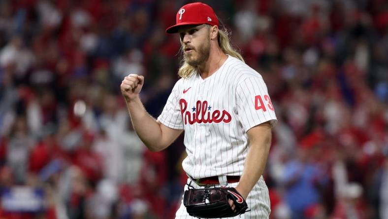 Oct 22, 2022; Philadelphia, Pennsylvania, USA; Philadelphia Phillies starting pitcher Noah Syndergaard (43) reacts after getting the third out in the sixth inning during game four of the NLCS against the San Diego Padres for the 2022 MLB Playoffs at Citizens Bank Park. Mandatory Credit: Bill Streicher-USA TODAY Sports