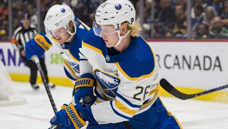 Oct 22, 2022; Vancouver, British Columbia, CAN; Buffalo Sabres defenseman Rasmus Dahlin (26) skates against the Vancouver Canucks in the third period at Rogers Arena. Buffalo won 5-1. Mandatory Credit: Bob Frid-USA TODAY Sports