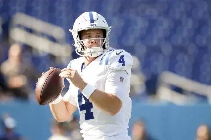 Oct 23, 2022; Nashville, Tennessee, USA; Indianapolis Colts quarterback Sam Ehlinger (4) warms up as the team gets ready to face the Tennessee Titans at Nissan Stadium Sunday, Oct. 23, 2022, in Nashville, Tenn.   Mandatory Credit: George Walker IV-USA TODAY Sports
