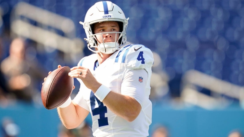 Indianapolis Colts quarterback Sam Ehlinger (4) warms up as the team gets ready to face the Tennessee Titans at Nissan Stadium Sunday, Oct. 23, 2022, in Nashville, Tenn.

Nfl Indianapolis Colts At Tennessee Titans