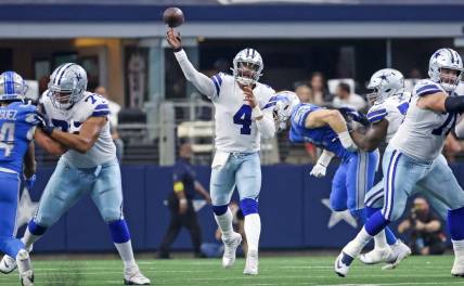 Oct 23, 2022; Arlington, Texas, USA;  Dallas Cowboys quarterback Dak Prescott (4) throws during the first half against the Detroit Lions at AT&T Stadium. Mandatory Credit: Kevin Jairaj-USA TODAY Sports