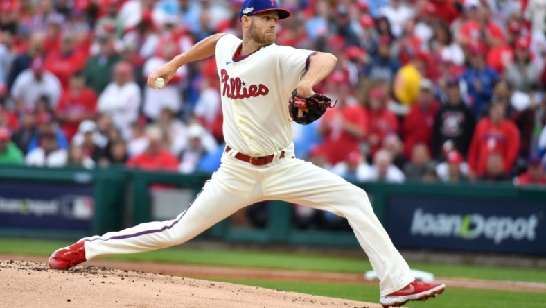 Oct 23, 2022; Philadelphia, Pennsylvania, USA; Philadelphia Phillies starting pitcher Zack Wheeler (45) pitches in the first inning during game five of the NLCS against the San Diego Padres for the 2022 MLB Playoffs at Citizens Bank Park. Mandatory Credit: Eric Hartline-USA TODAY Sports
