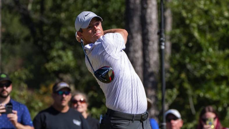 Oct 23, 2022; Ridgeland, South Carolina, USA; Rory McIlroy plays from the fourth tee during the final round of THE CJ CUP in South Carolina golf tournament. Mandatory Credit: David Yeazell-USA TODAY Sports