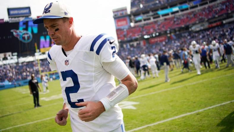 Indianapolis Colts quarterback Matt Ryan (2) leaves the field after losing to the Tennessee Titans at Nissan Stadium Sunday, Oct. 23, 2022, in Nashville, Tenn.

Nfl Indianapolis Colts At Tennessee Titans