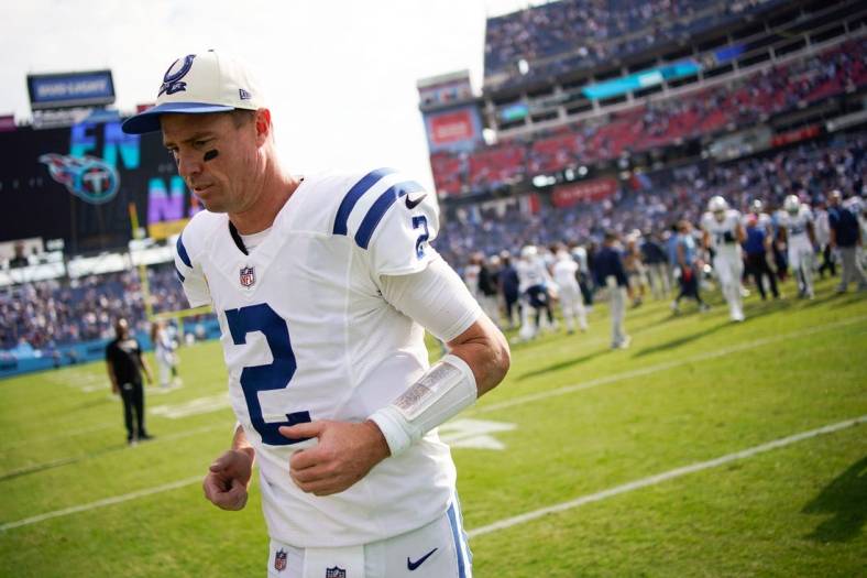 Indianapolis Colts quarterback Matt Ryan (2) leaves the field after losing to the Tennessee Titans at Nissan Stadium Sunday, Oct. 23, 2022, in Nashville, Tenn.

Nfl Indianapolis Colts At Tennessee Titans