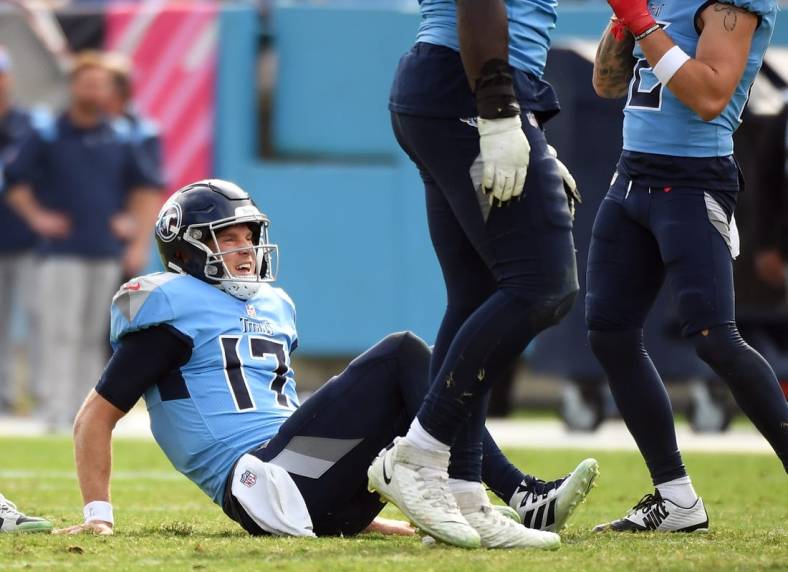 Oct 23, 2022; Nashville, Tennessee, USA; Tennessee Titans quarterback Ryan Tannehill (17) sits on the field after an injury during the second half against the Indianapolis Colts at Nissan Stadium. Mandatory Credit: Christopher Hanewinckel-USA TODAY Sports