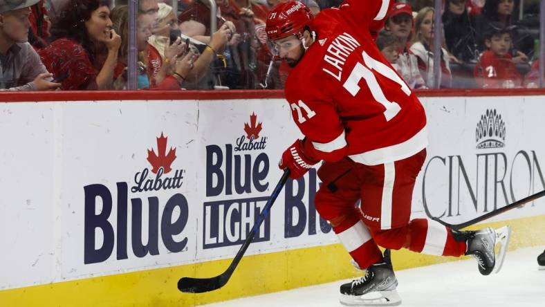 Oct 23, 2022; Detroit, Michigan, USA;  Detroit Red Wings center Dylan Larkin (71) skates with the puck in the second period against the Anaheim Ducks at Little Caesars Arena. Mandatory Credit: Rick Osentoski-USA TODAY Sports