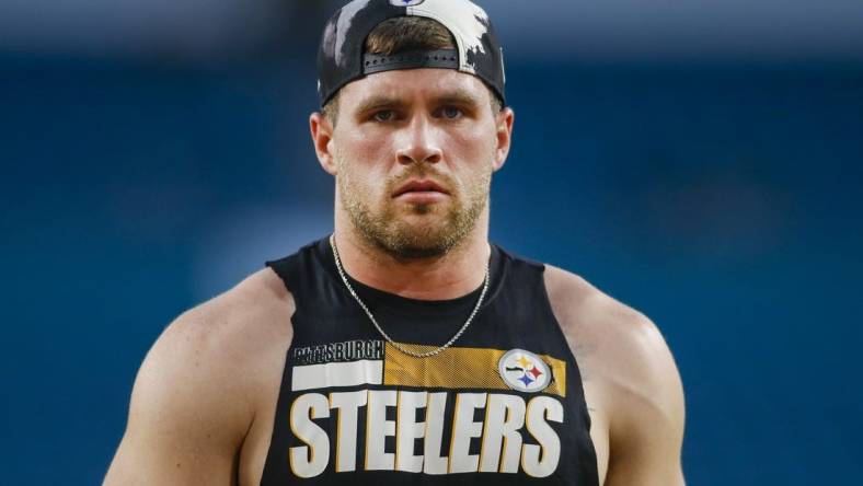 Oct 23, 2022; Miami Gardens, Florida, USA; Pittsburgh Steelers linebacker T.J. Watt (90) looks on from the field prior to the game against the Miami Dolphins at Hard Rock Stadium. Mandatory Credit: Sam Navarro-USA TODAY Sports