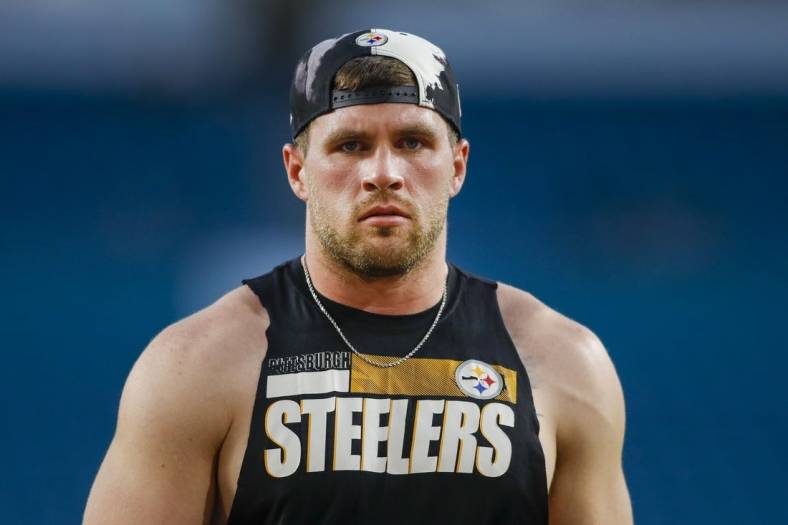 Oct 23, 2022; Miami Gardens, Florida, USA; Pittsburgh Steelers linebacker T.J. Watt (90) looks on from the field prior to the game against the Miami Dolphins at Hard Rock Stadium. Mandatory Credit: Sam Navarro-USA TODAY Sports