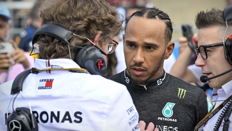 Oct 23, 2022; Austin, Texas, USA; Mercedes AMG Petronas Motorsport driver Lewis Hamilton (44) of Team Great Britain before the start of the U.S. Grand Prix F1 race at Circuit of the Americas. Mandatory Credit: Jerome Miron-USA TODAY Sports