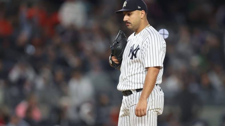 Oct 23, 2022; Bronx, New York, USA; New York Yankees starting pitcher Nestor Cortes (65) after giving up a three run home run in the third inning against the Houston Astros during game four of the ALCS for the 2022 MLB Playoffs at Yankee Stadium. Mandatory Credit: Brad Penner-USA TODAY Sports