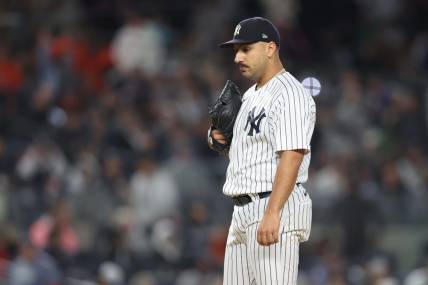 Oct 23, 2022; Bronx, New York, USA; New York Yankees starting pitcher Nestor Cortes (65) after giving up a three run home run in the third inning against the Houston Astros during game four of the ALCS for the 2022 MLB Playoffs at Yankee Stadium. Mandatory Credit: Brad Penner-USA TODAY Sports