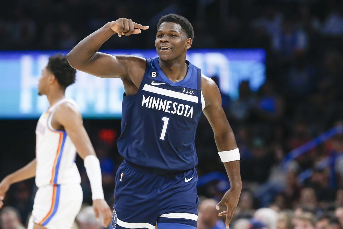 Oct 23, 2022; Oklahoma City, Oklahoma, USA; Minnesota Timberwolves forward Anthony Edwards (1) celebrates after scoring against the Oklahoma City Thunder during the second half at Paycom Center. Minnesota won 116-106. Mandatory Credit: Alonzo Adams-USA TODAY Sports