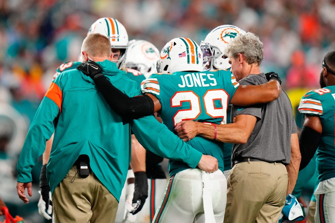 Oct 23, 2022; Miami Gardens, Florida, USA; Miami Dolphins safety Brandon Jones (29) leaves the field injured against the Pittsburgh Steelers during the second half at Hard Rock Stadium. Mandatory Credit: Rich Storry-USA TODAY Sports