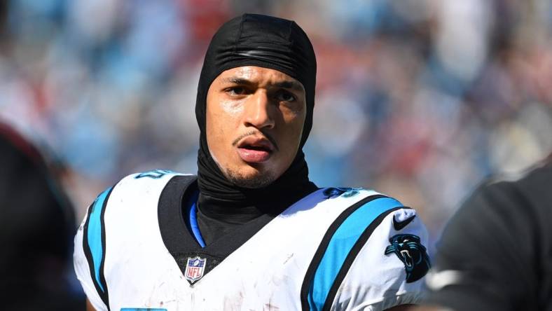 Oct 23, 2022; Charlotte, North Carolina, USA; Carolina Panthers running back Chuba Hubbard (30) on the sidelines in the third quarter at Bank of America Stadium. Mandatory Credit: Bob Donnan-USA TODAY Sports