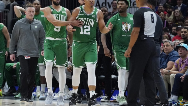 Oct 24, 2022; Chicago, Illinois, USA; Boston Celtics forward Grant Williams (12) reacts after being thrown out for getting his second technical foul of the game against the Chicago Bulls during the second half at United Center. Mandatory Credit: David Banks-USA TODAY Sports