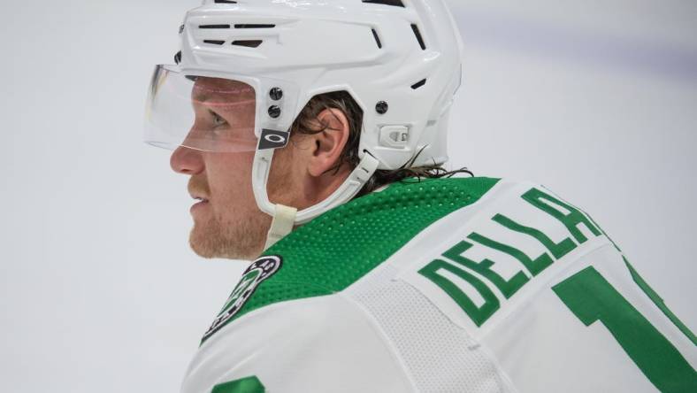 Oct 24, 2022; Ottawa, Ontario, CAN; Dallas Stars center Ty Dellandrea (10) looks on during warm ups prior to the start of a game against the Ottawa Senators at the Canadian Tire Centre. Mandatory Credit: Marc DesRosiers-USA TODAY Sports