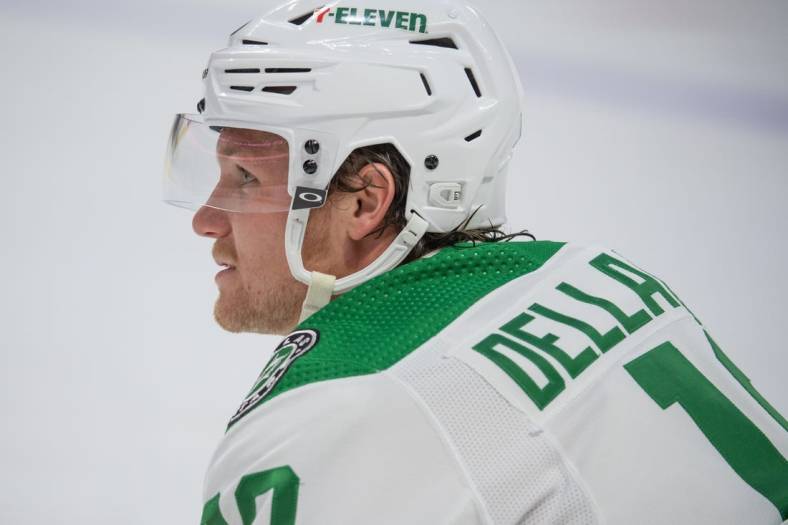 Oct 24, 2022; Ottawa, Ontario, CAN; Dallas Stars center Ty Dellandrea (10) looks on during warm ups prior to the start of a game against the Ottawa Senators at the Canadian Tire Centre. Mandatory Credit: Marc DesRosiers-USA TODAY Sports