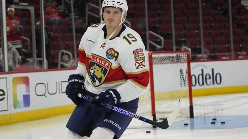 Oct 25, 2022; Chicago, Illinois, USA; Florida Panthers left wing Matthew Tkachuk (19) warms up before the game against the Chicago Blackhawks at United Center. Mandatory Credit: David Banks-USA TODAY Sports