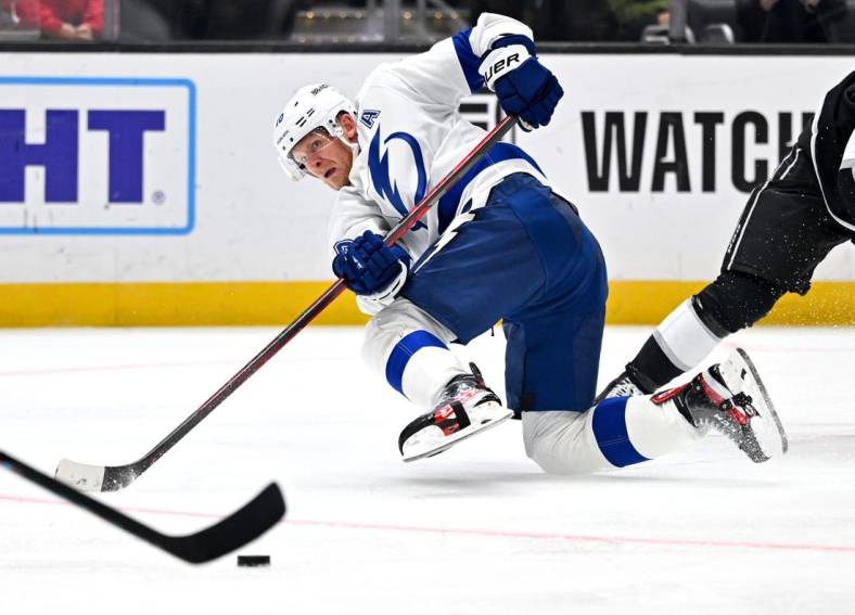 Oct 25, 2022; Los Angeles, California, USA;  Tampa Bay Lightning right wing Corey Perry (10) takes a shot on goal in the third period against the Los Angeles Kings at Crypto.com Arena. Mandatory Credit: Jayne Kamin-Oncea-USA TODAY Sports