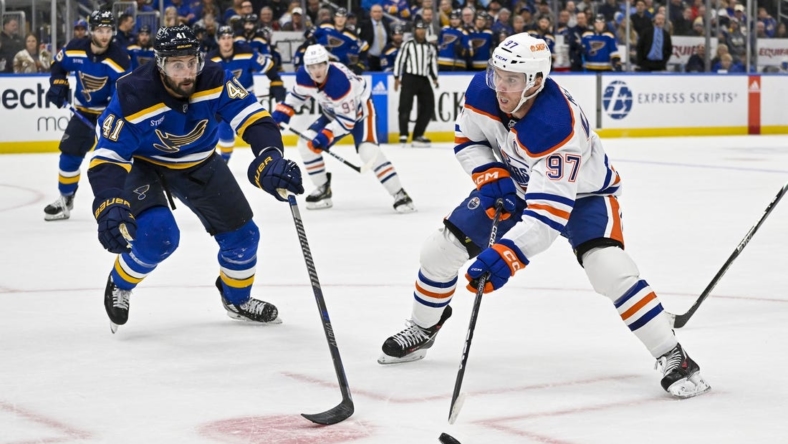 Oct 26, 2022; St. Louis, Missouri, USA;  Edmonton Oilers center Connor McDavid (97) controls the puck as St. Louis Blues defenseman Robert Bortuzzo (41) defends during the first period at Enterprise Center. Mandatory Credit: Jeff Curry-USA TODAY Sports
