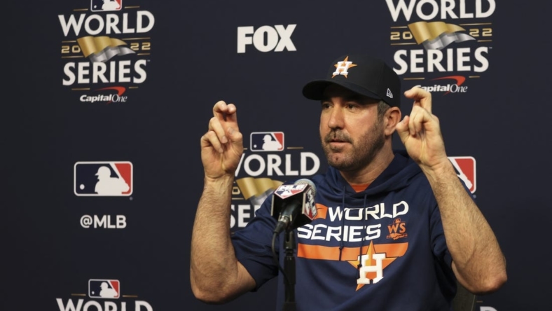 Oct 27, 2022; Houston, TX, USA; World Series game one Houston Astros starting pitcher Justin Verlander (35) answers questions from the press at Minute Maid Park. Mandatory Credit: Thomas Shea-USA TODAY Sports