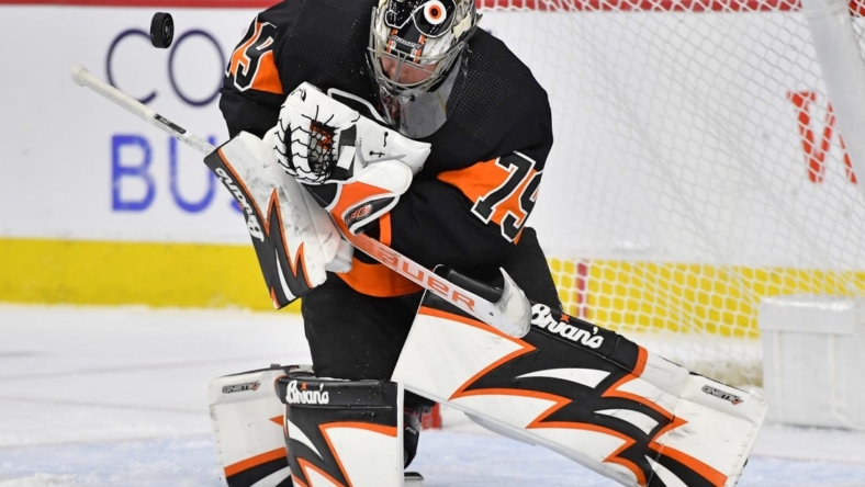 Oct 27, 2022; Philadelphia, Pennsylvania, USA; Philadelphia Flyers goaltender Carter Hart (79) makes a save against the Florida Panthers during the first period at Wells Fargo Center. Mandatory Credit: Eric Hartline-USA TODAY Sports