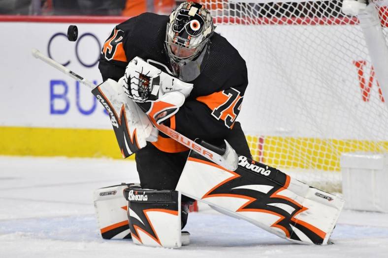 Oct 27, 2022; Philadelphia, Pennsylvania, USA; Philadelphia Flyers goaltender Carter Hart (79) makes a save against the Florida Panthers during the first period at Wells Fargo Center. Mandatory Credit: Eric Hartline-USA TODAY Sports