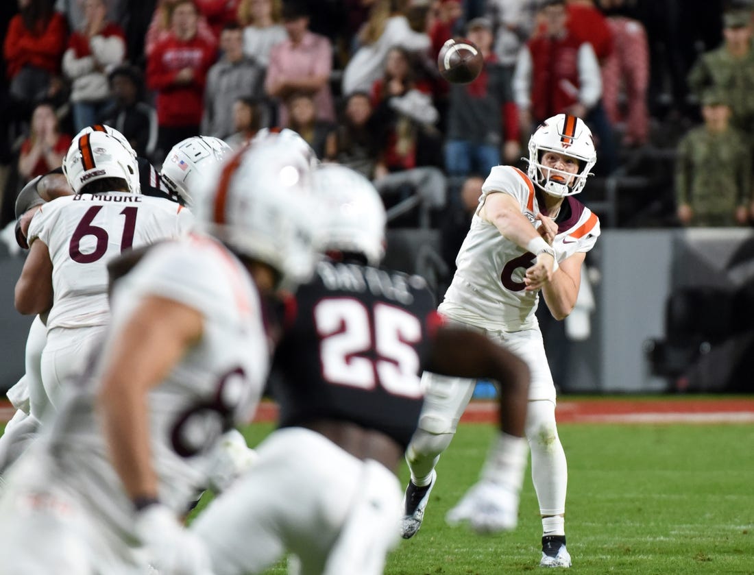 Oct 27, 2022; Raleigh, North Carolina, USA; Virginia Tech Hokies quarterback Grant Wells (6) throws a pass during the first half against the North Carolina State Wolfpack at Carter-Finley Stadium. Mandatory Credit: Rob Kinnan-USA TODAY Sports